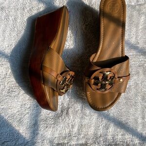 Tory Burch Cognac Leather Wedge Sandals with Medallion